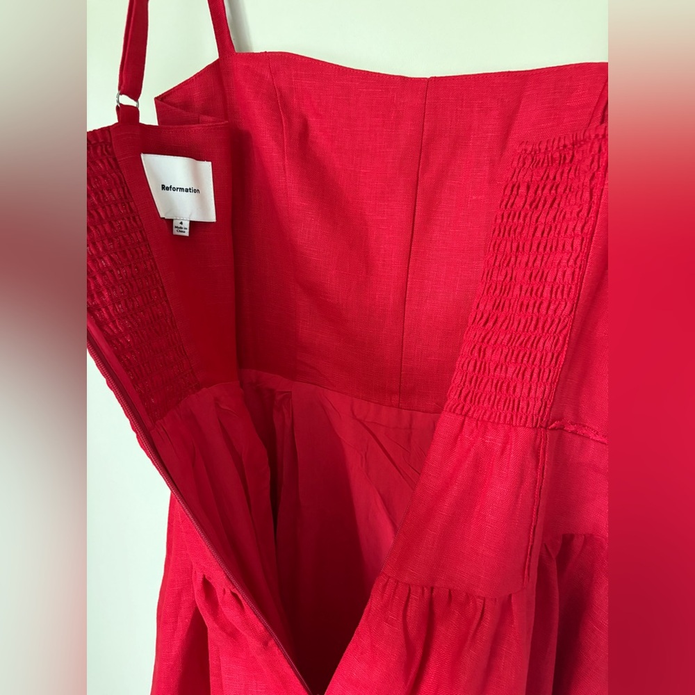 NEW Reformation Katarin Linen Midi Dress Lipstick Red Lace Detail | US 4 UK 8 - Picture 14 of 17